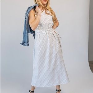 WHITE STRIPED DRESS casual cotton vintage dress belted boho summer sleeveless